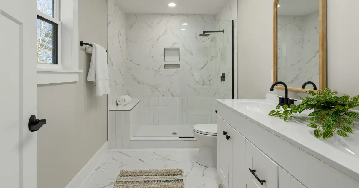 Bathroom after a remodeling project, cleaned by experts of Maid to Shine